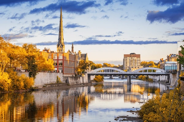 Downtown Galt along the Grand River in Cambridge, Ontario, where Numinor provides local bookkeeping.
